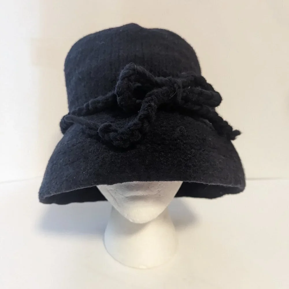 Vintage Wool Blend Cloche Bucket Hat Removable Bow Black - Picture 2 of 5